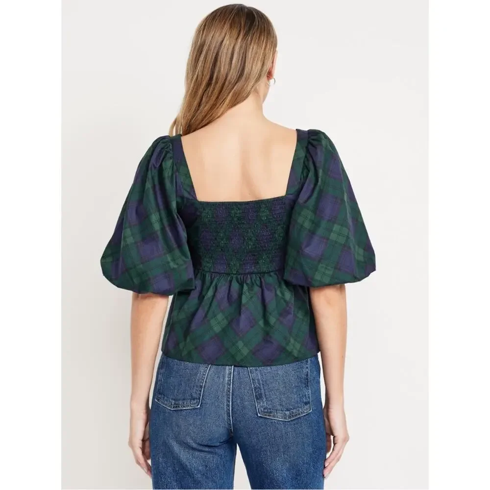 Old Navy green plaid Puff-Sleeve Plaid Poplin Peplum Top